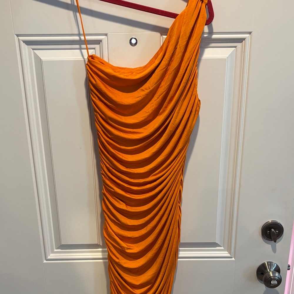 Express Vibrant Orange One-Shoulder Ruched Dress